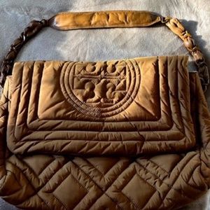 Tory Burch Large Bronze Puffy Quilted Nylon Messenger Bag Like New